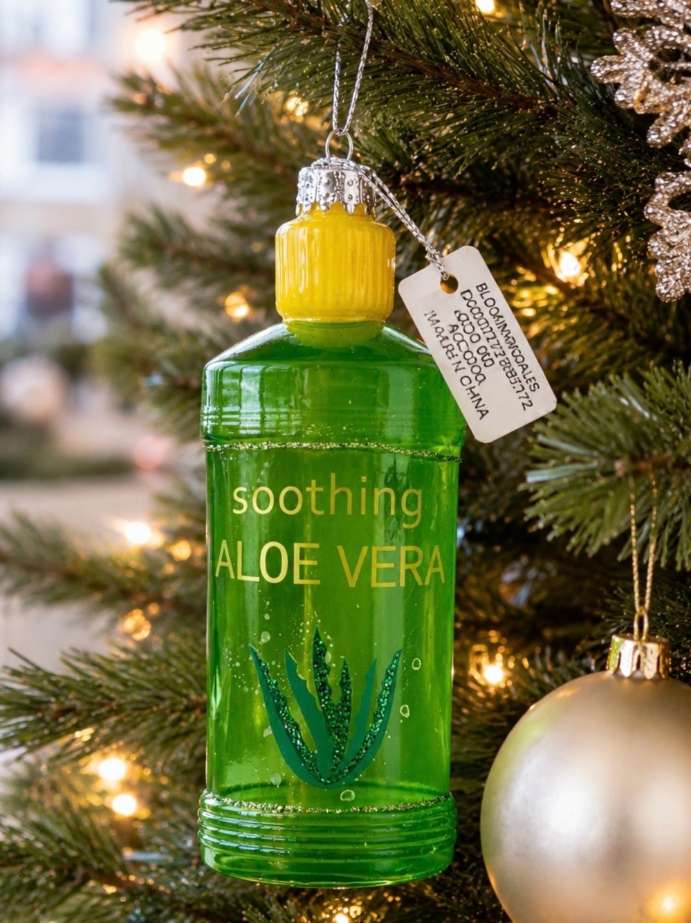 Bloomingdale’s Green Painted Glass Aloe Vera Bottle Christmas Ornament NWT